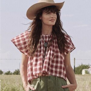 THE GREAT. Red Plaid Dale Top